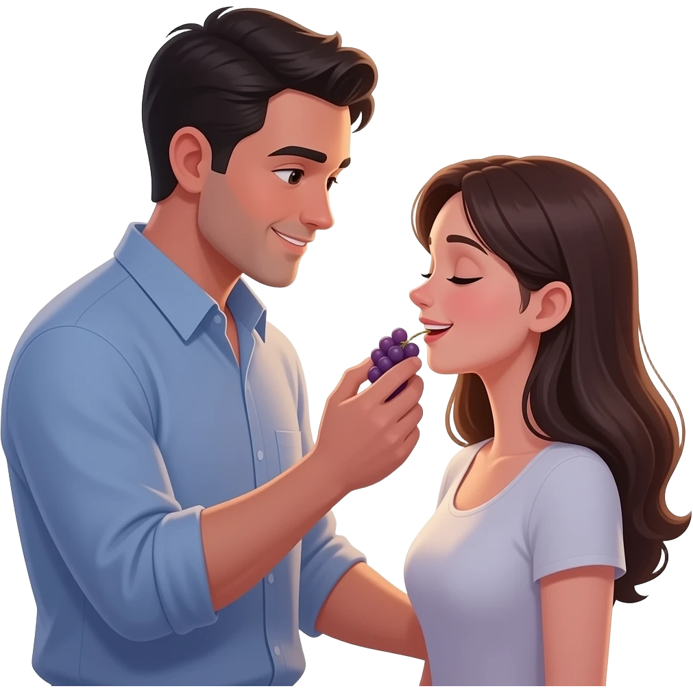 Men feeding grape to woman romantic emoji