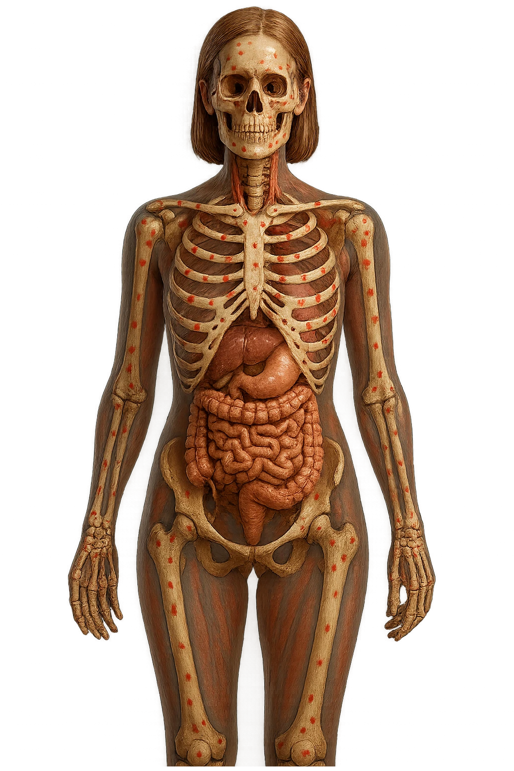 corpo umano anatomico di una donna affetta da fibromialgia, intestino anatomico realistico e red spot sparsi sulle sue ossa, iperrealistica 4k emoji