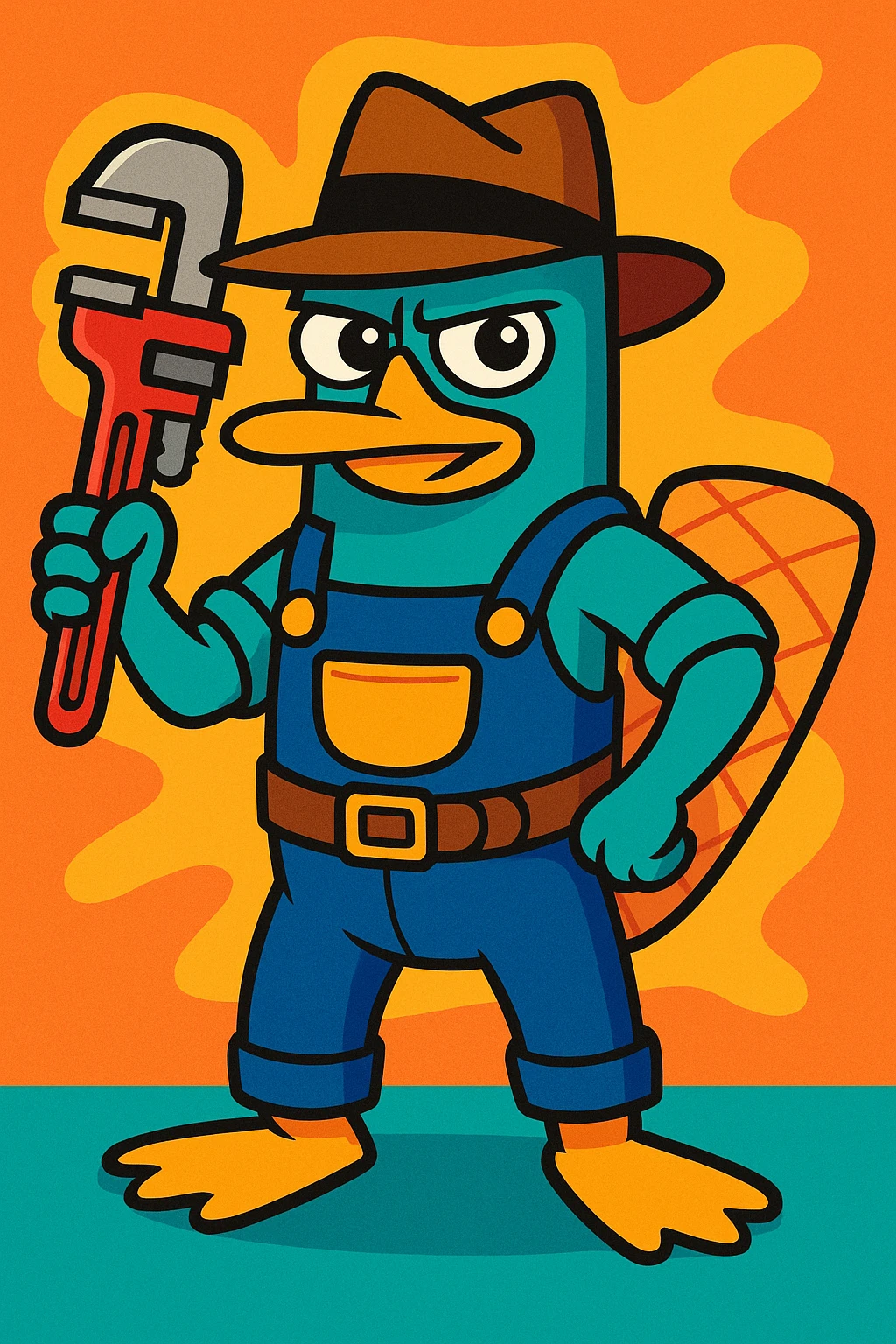 Perry the Platypus as a plumber, teal platypus with a brown fedora, holding a wrench, plumber outfit, cartoon style, vibrant toon emoji