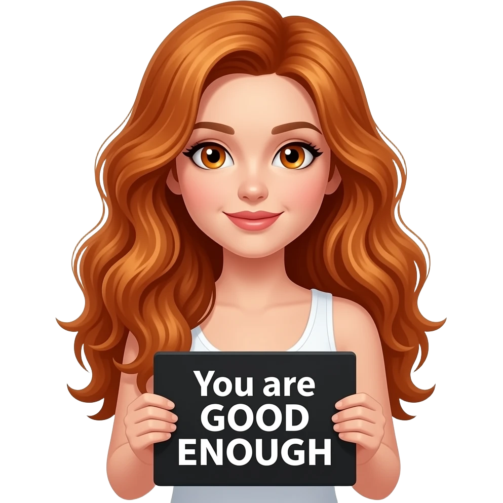 sexy girl with long wavy ginger hair and ginger eyes wearing a white tanktop is holding a black colored sign with You are GOOD ENOUGH written on it emoji