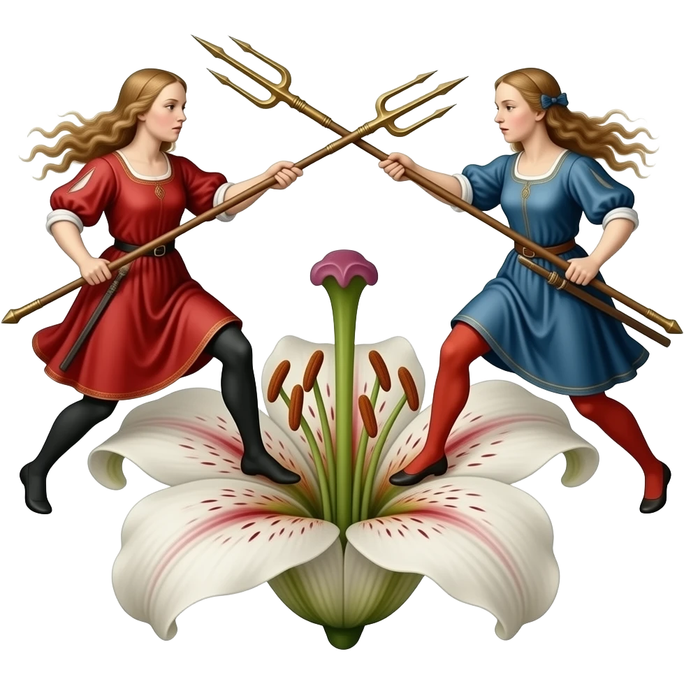 two phantasmagoric woman from Hieronymus Bosch's paintings from scenes from Hell, fighting and stabbing each other with tridents emerging from the pistil of a flower emoji