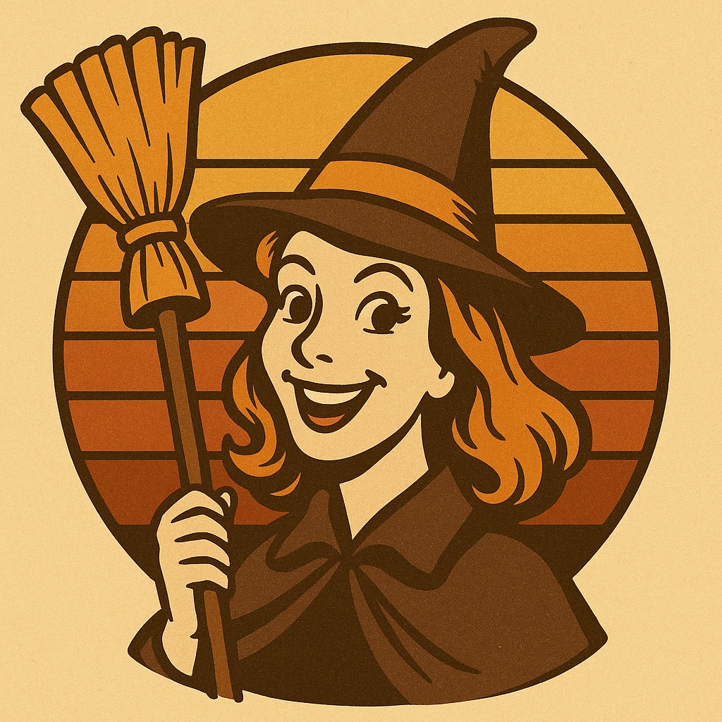 Create images of happy retro witch. Use this image for inspiration. emoji