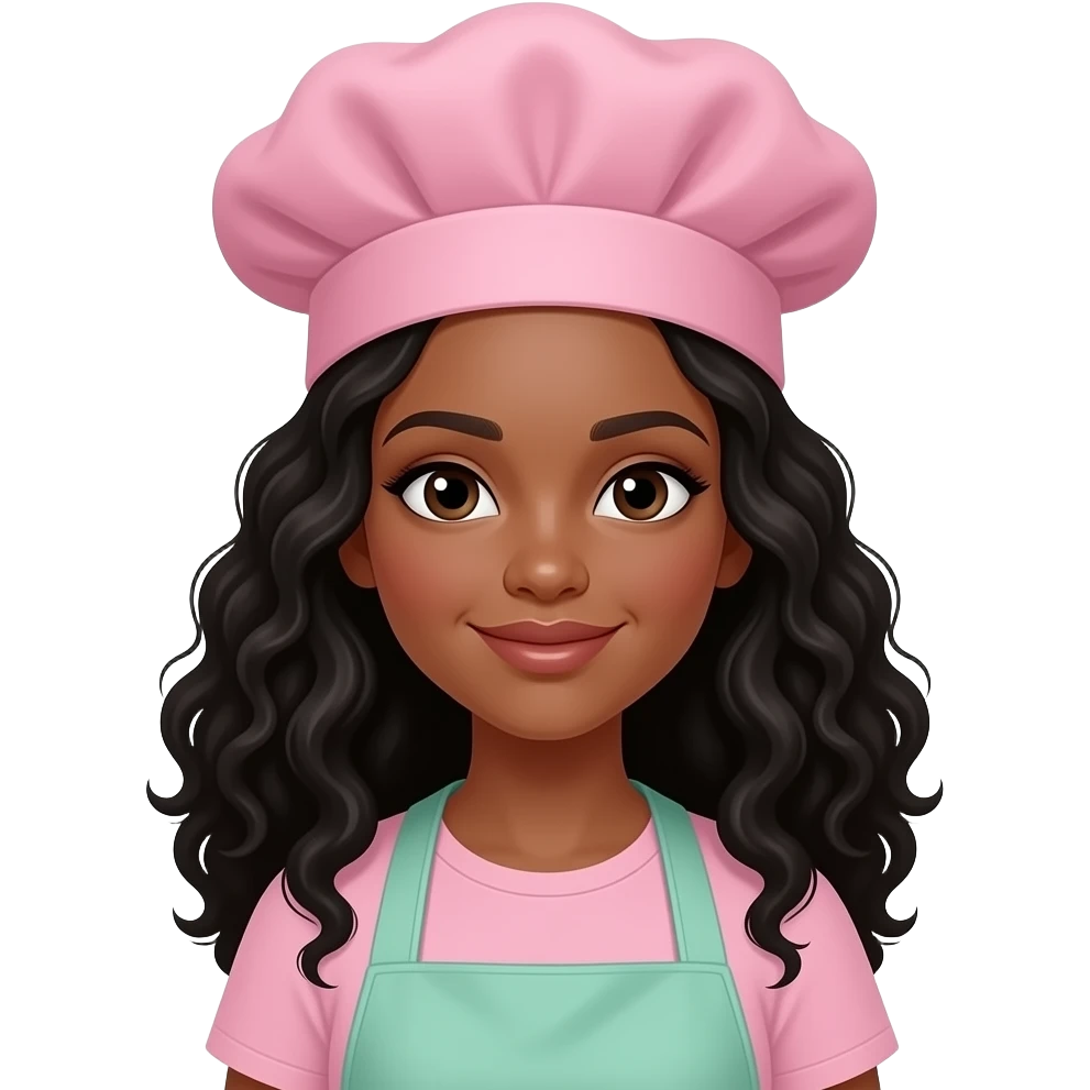 chicade piel morocha con rulos negros largos y vestida con gorro de pastelera rosa viejo y delantal verde menta emoji