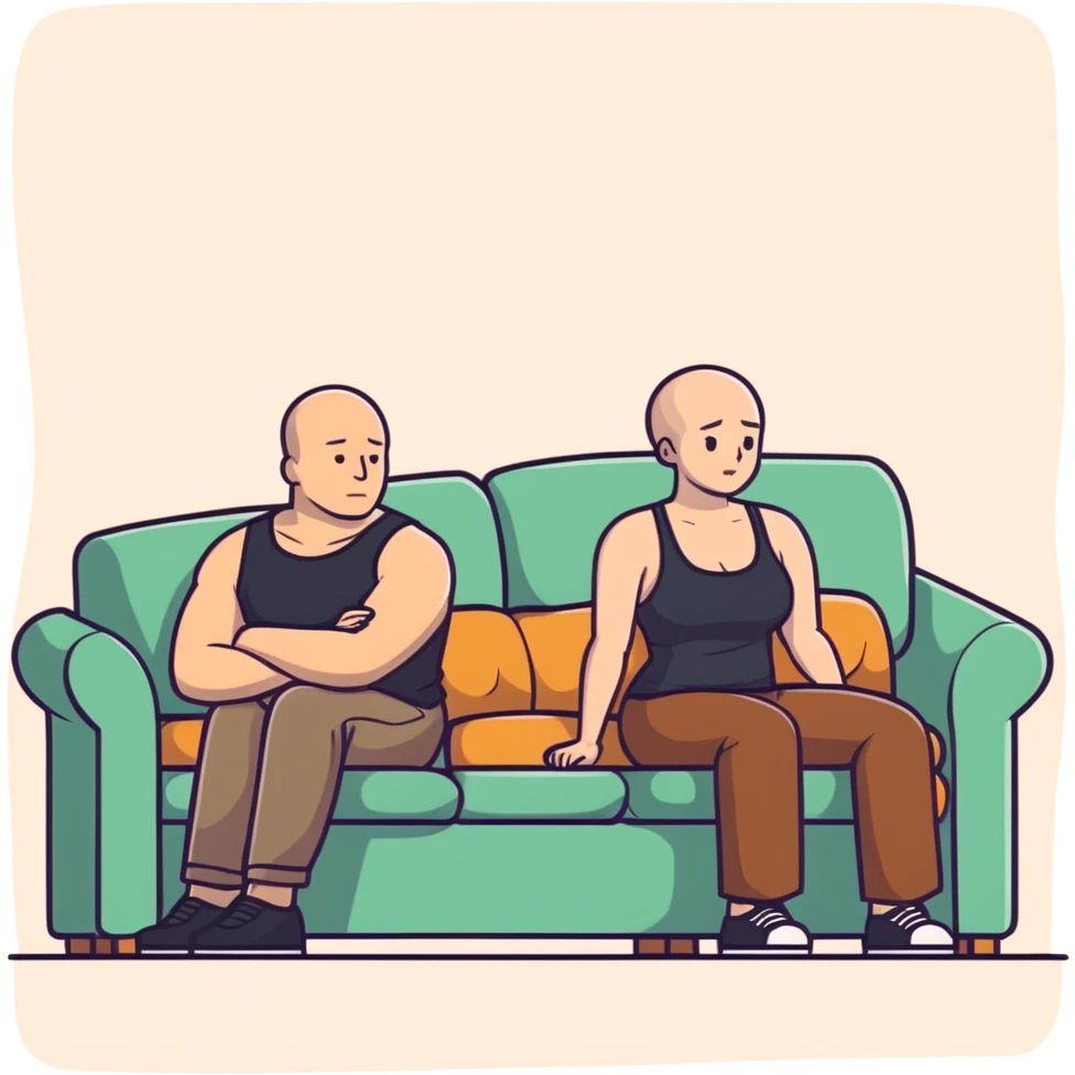 A bald man sitting on a couch. One Caucasian woman with brown hair big boobs wearing pants and a tank top, kneeling on the ground. emoji