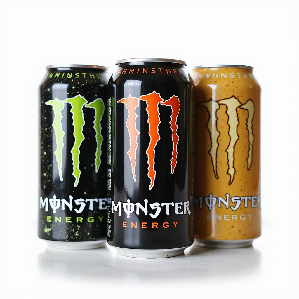 photorealistic group of three monster energy drink cans, different flavors, on a white background emoji