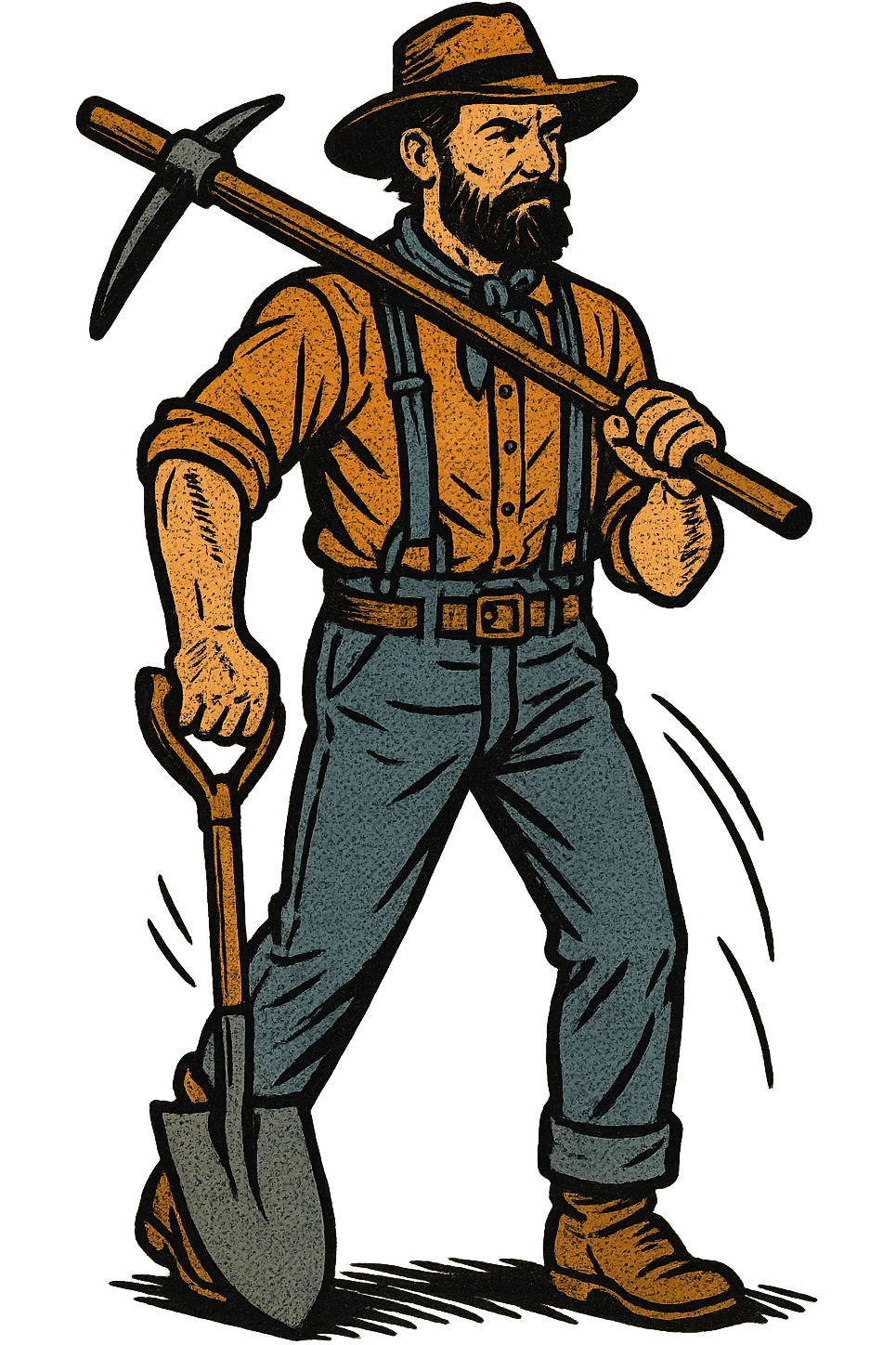 The full body of an American railroad worker from the 1860s in the American West holding tools and a shovel. emoji
