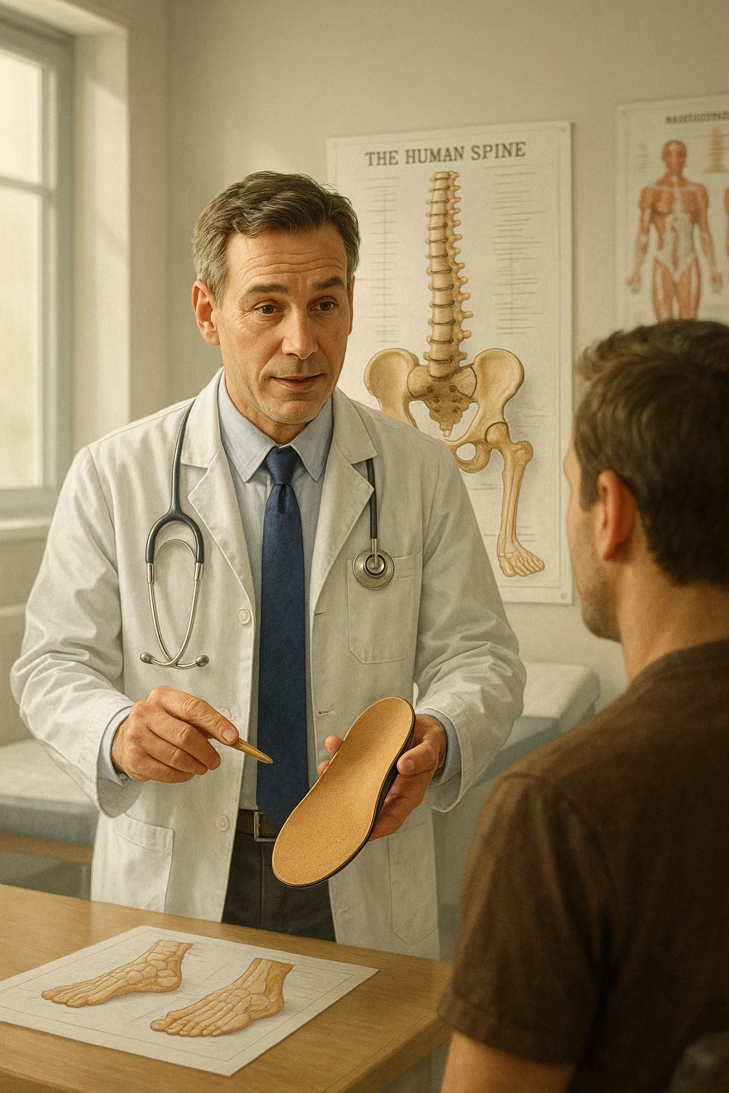 A realistic, cinematic illustration of a professional male doctor in his mid-40s, wearing a white coat, calmly explaining to a patient the benefits of using orthopedic insoles (plantari) for posture correction. The doctor holds a custom insole in his hand while pointing gently to a detailed anatomical poster showing the human spine, pelvis, and feet, illustrating the connection between foot alignment and posture. The setting is a bright, clean medical office with soft natural lighting, a treatment table, and educational anatomical charts in the background. The patient, seen from behind, listens attentively, while the doctor maintains a warm, knowledgeable expression, emphasizing preventive care and body alignment through plantar support. The scene feels trustworthy, modern, and health-focused. emoji