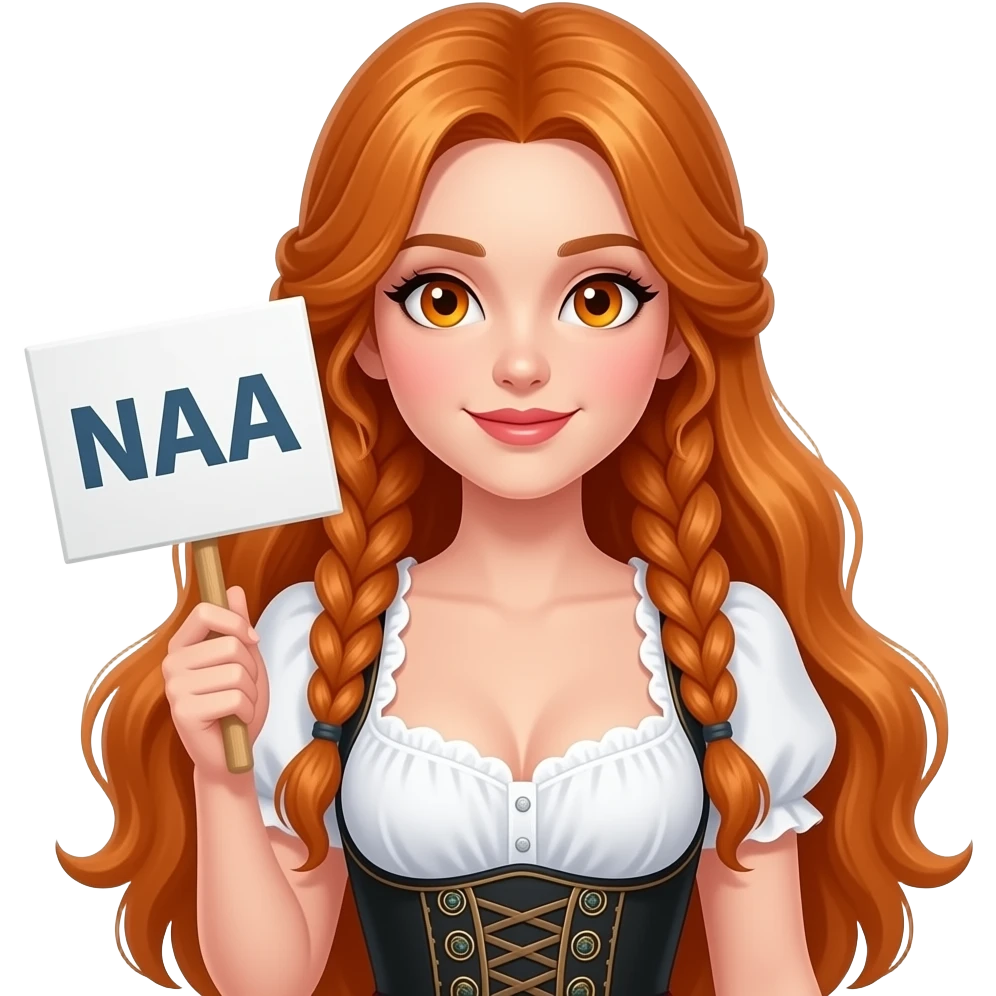 sexy girl with overlong ginger hair in braids and ginger eyes wearing a dirndl holding a NAA sign emoji