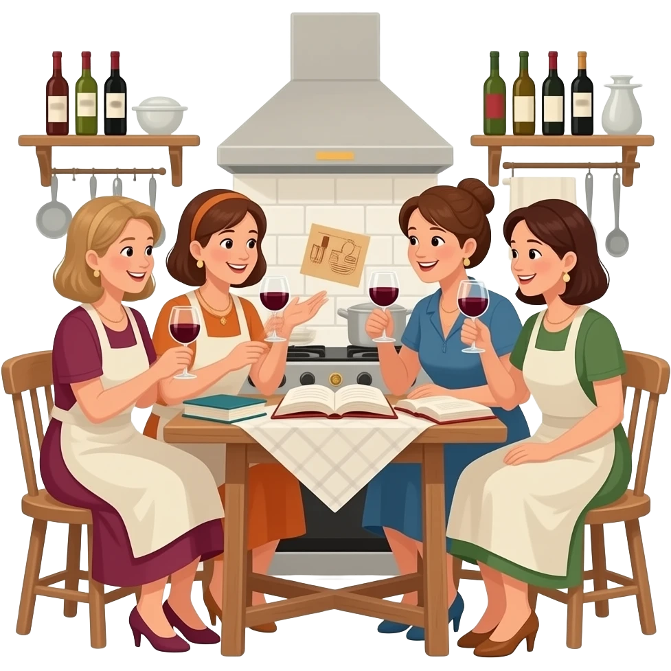 5 ladies silly book club having fun drinking wine italian emoji