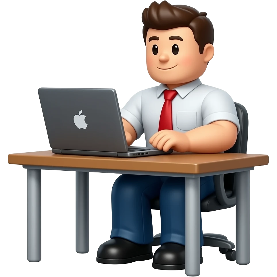 Genera un personaje de Roblox de cuerpo completo sentado en un escritorio con una laptop emoji