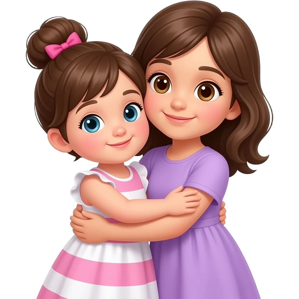 Niña de 1 año y 8 meses, de cuerpo completo, con cabello castaño, vestido rosa con blanco y cabello corto recogido en un chongo. Otra niña de 5 años con vestido lila, cabello castaño y ojos café claro, de cuerpo completo, ambas abrazadas emoji