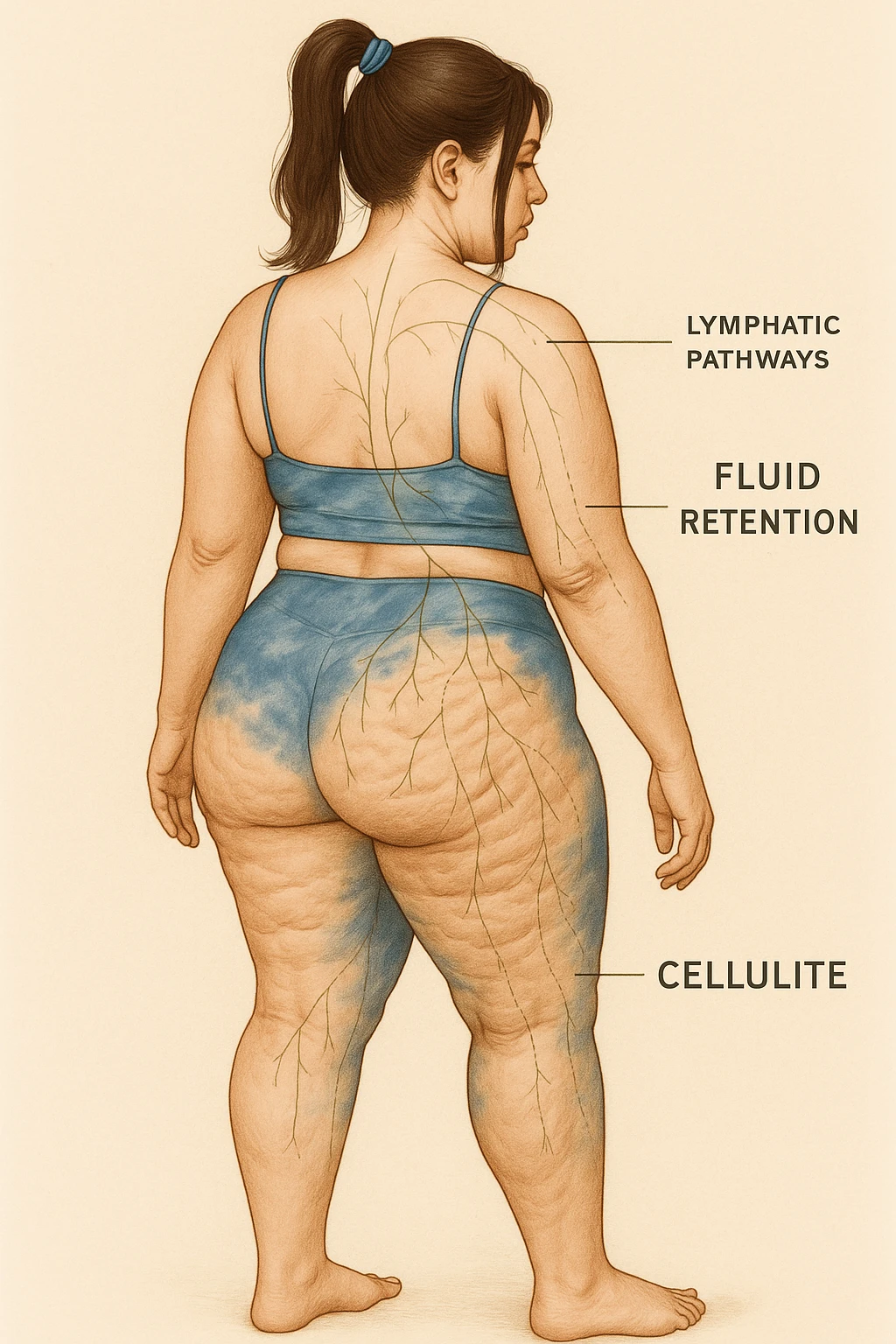 A realistic, anatomical yet artistic illustration of a woman in her early 30s, seen from the back and side, highlighting natural asymmetries of her hips, visible mild water retention and cellulite on her thighs and buttocks, with a soft, non-judgmental, and educational perspective. The skin shows slight dimpling and uneven texture, while subtle anatomical overlays illustrate lymphatic pathways and fluid accumulation zones. The color palette is warm, with natural skin tones and soft lighting, emphasizing a compassionate and body-positive approach. The background is clean, medical yet calming, suitable for educational content about lymphatic health, cellulite, and fluid retention in women emoji