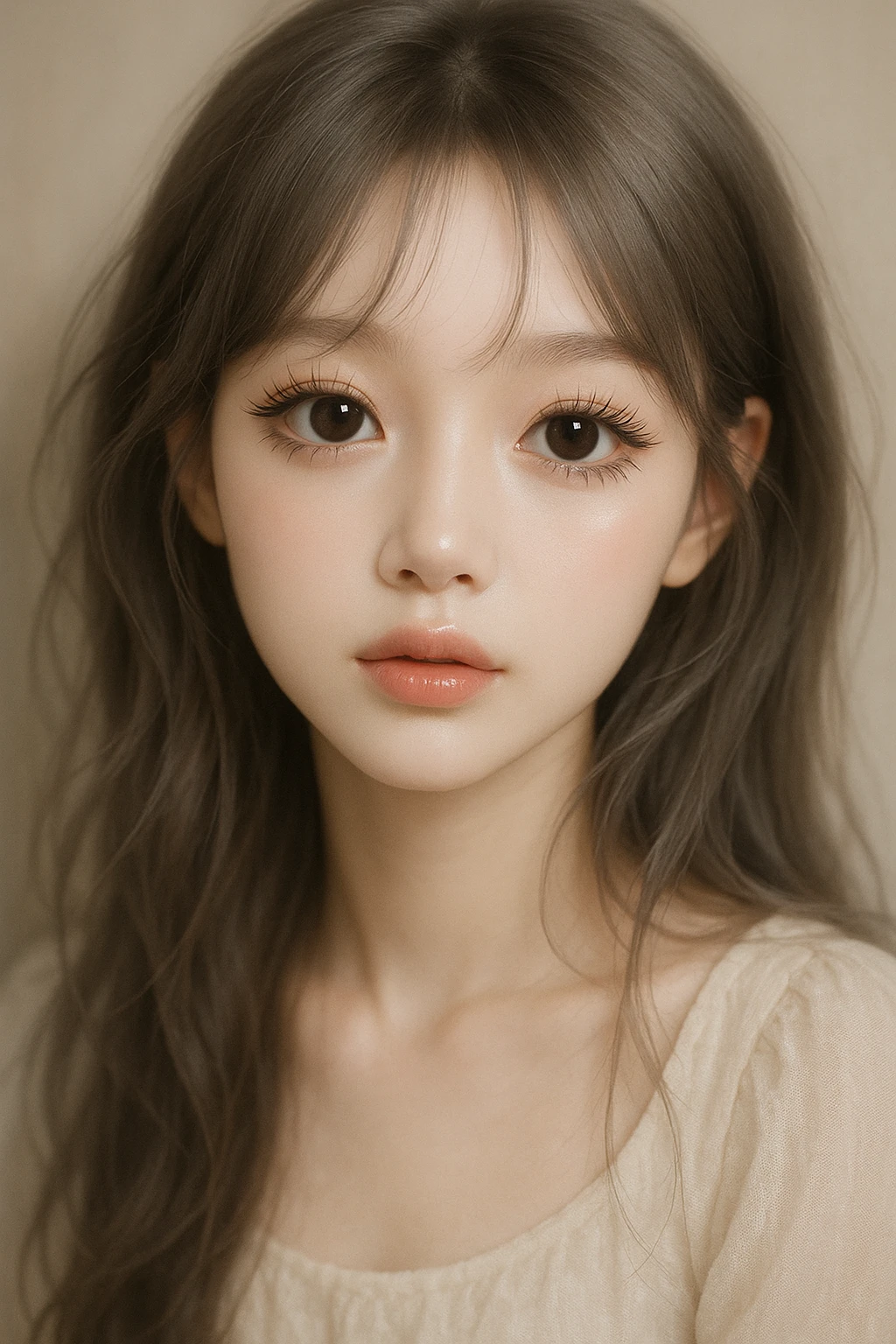 ethereal girl, brown gray hair, big doe eyes, spider eyelashes, douyin Korean makeup, gentle and luminous appearance emoji