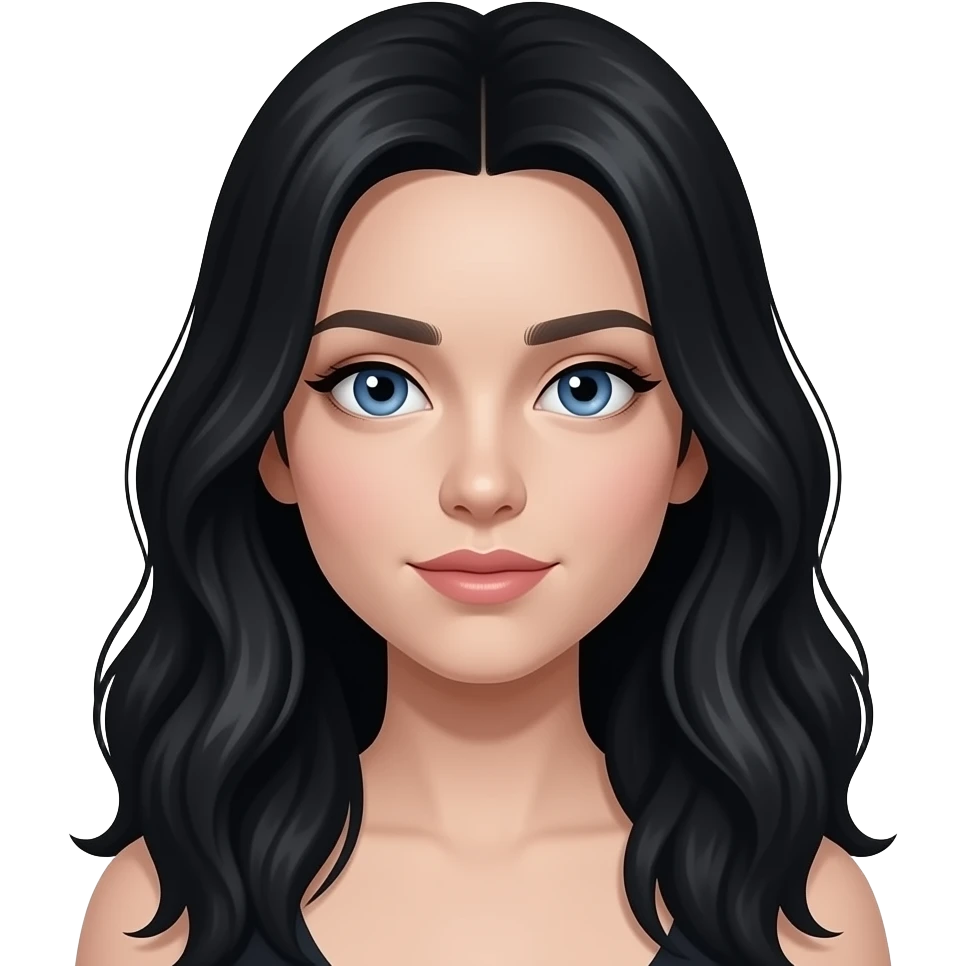 Fille avec longs cheveux noirs ondulés et yeux bleux, peau très pâle emoji