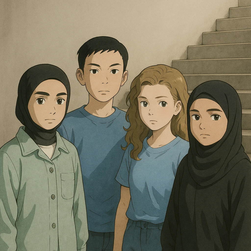 Four students in casual clothes, strongly resembling the people in the reference photos, standing at the bottom of a simple staircase symbolizing a challenge, no visible goal at the top, realistic and sober atmosphere, neutral background, in Ghibli style. emoji