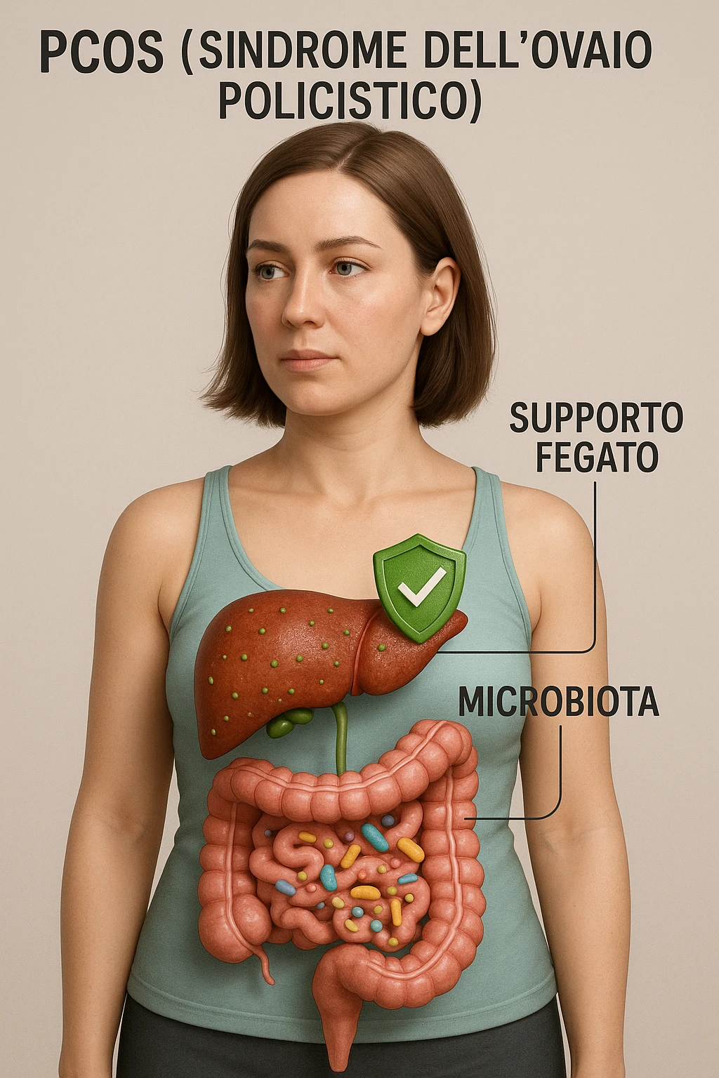 donna con supporto fegato e microbiota in 3D immagine medica donna pcos in italiano  emoji