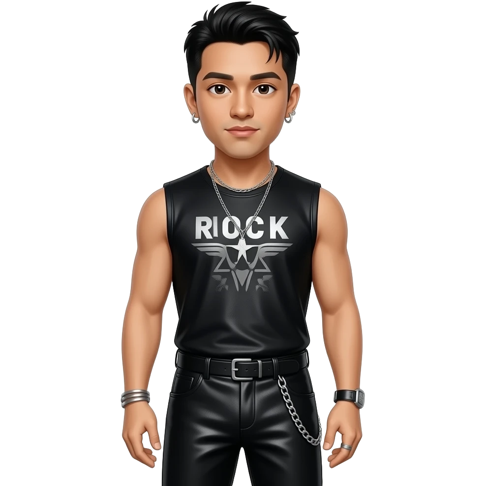 Marky Chavez, Rock Singer with black metallic sleeveless t-shirt, black metallic baggy pants with chain, necklace and earrings emoji