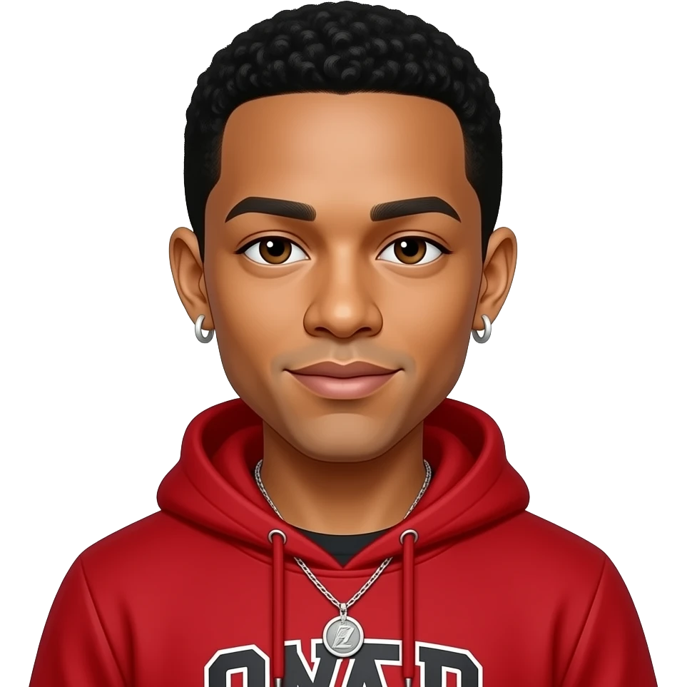 Jaden Smith with brown eyes, black hair, red pop-rap outfit, necklace and earrings emoji