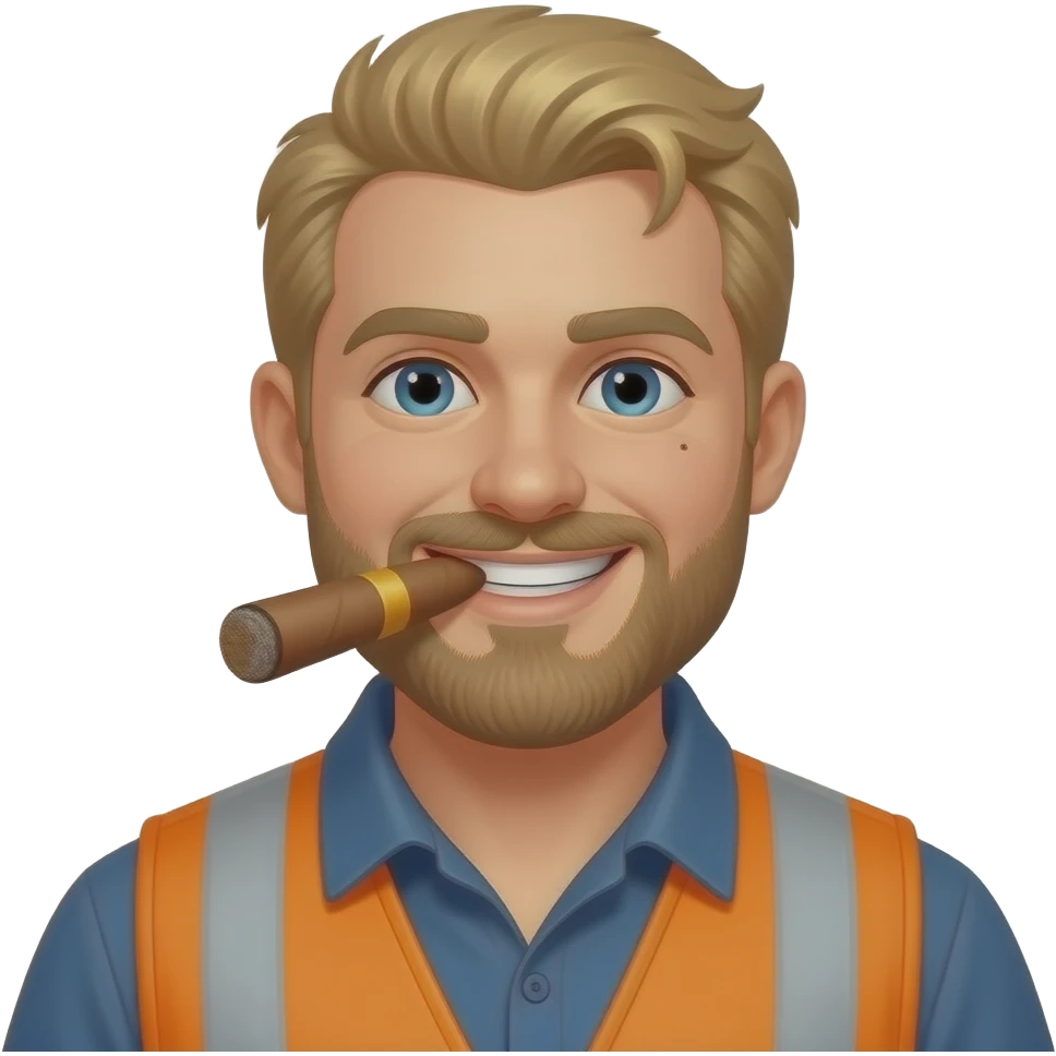 Big Blonde hair Guy with a Mole on his right cheek and a beard, smoking a cigar Wearing a construction vest with a big smile emoji