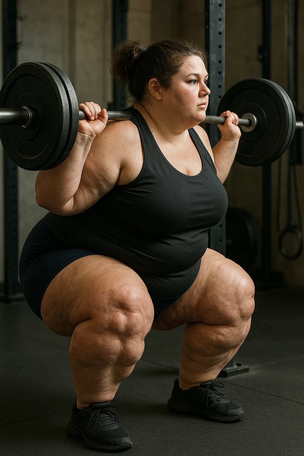 donna grassa con lipedema alle gambe che fa uno squat di profilo con bilanciere, IPERREALISTICA 4K emoji
