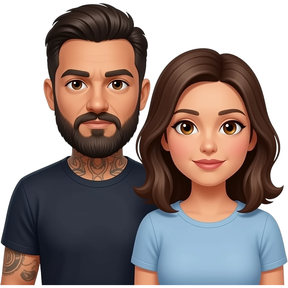 Latino couple man has a beard, medium hair and tattoos and his wife is beautiful with hazel eyes and shoulder length brown hair and they are getting a divorce emoji