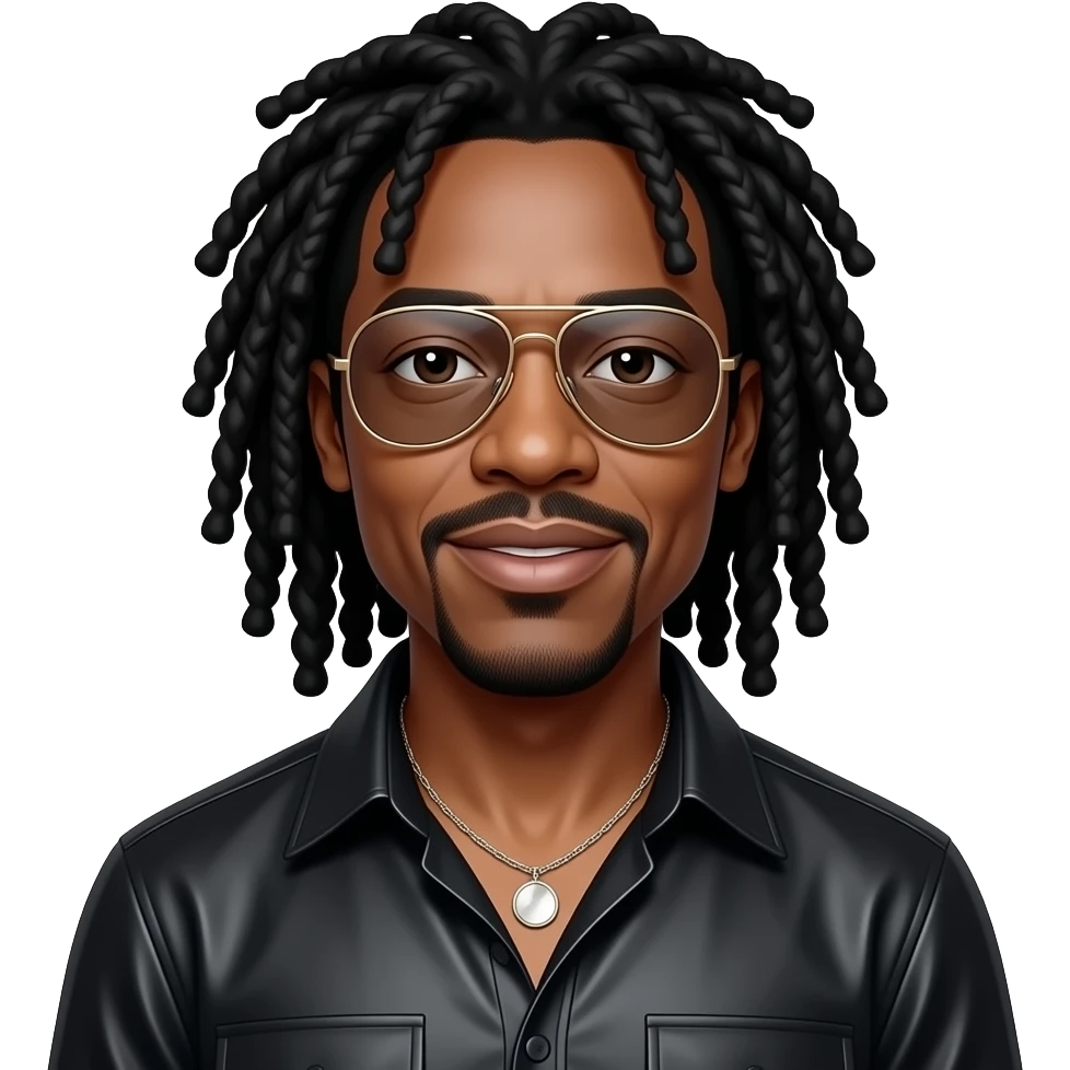 Stevie Wonder with aviator glasses, long black dreadlocks, black metallic shirt, necklace emoji