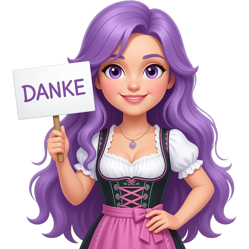 sexy girl with long purple hair and purple eyes wearing a dirndl holding a DANKE sign emoji