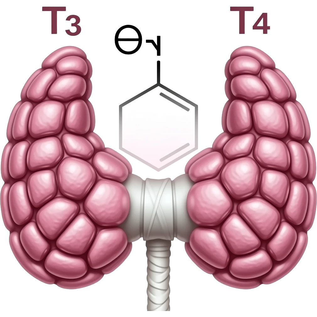 thyroid gland with T3 and T4 HORMONES in the background as chemical structures emoji