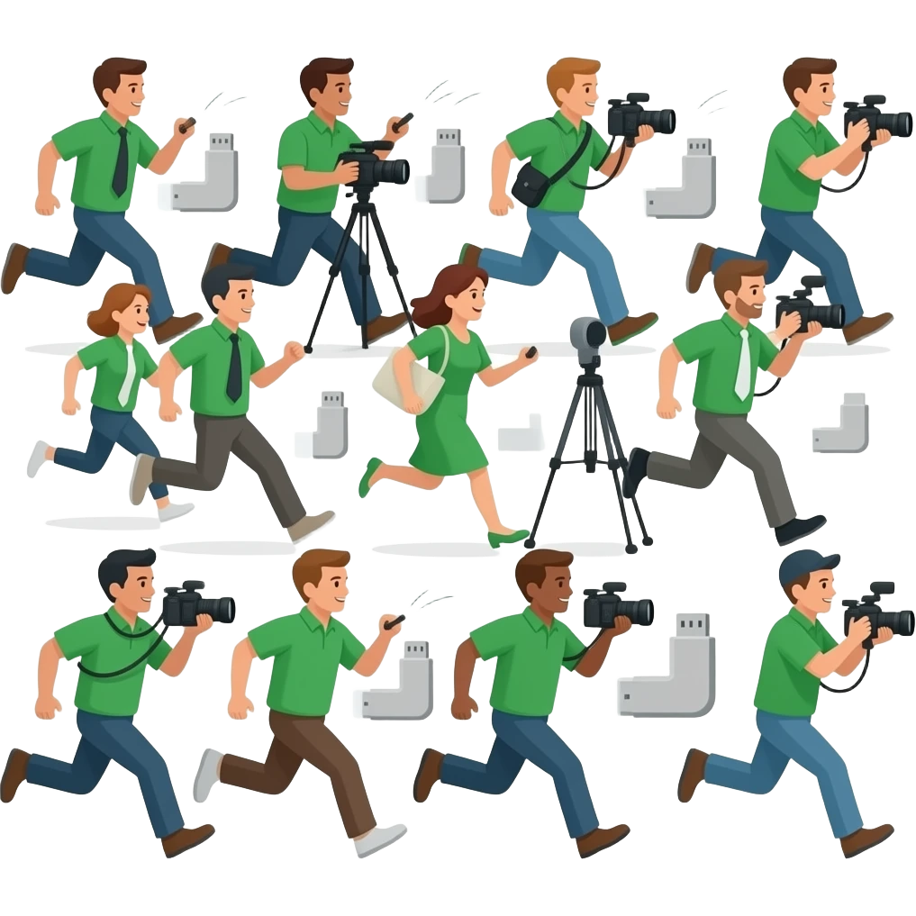 много журналистов в зеленых футболках бегут с камерами и флешками emoji