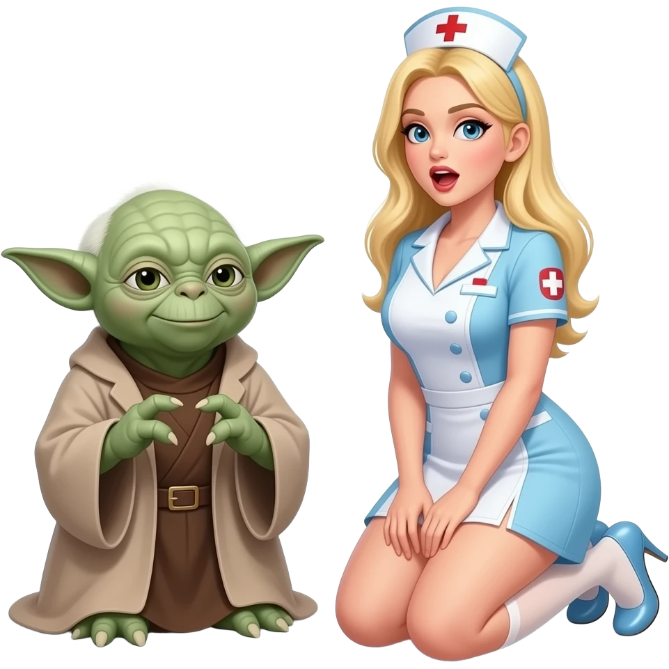 Yoda and a blond female apprentice in high heels , open mouth very very short skirt ,with large breasts kneeling wearing a nurse outfitkneeling emoji