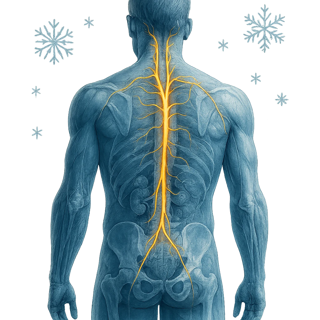 realistic human body with highlighted vagus nerve, rear view, detailed anatomy, vagus nerve path clearly visible, cold effect with blue shades and cold symbols, transparency on internal organs, white background emoji