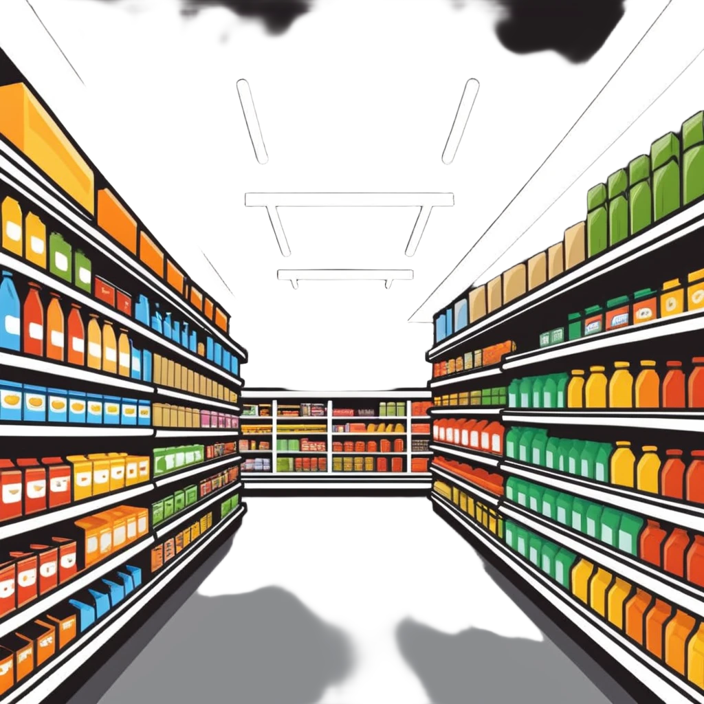 inside large grocery store with aisles full of products emoji