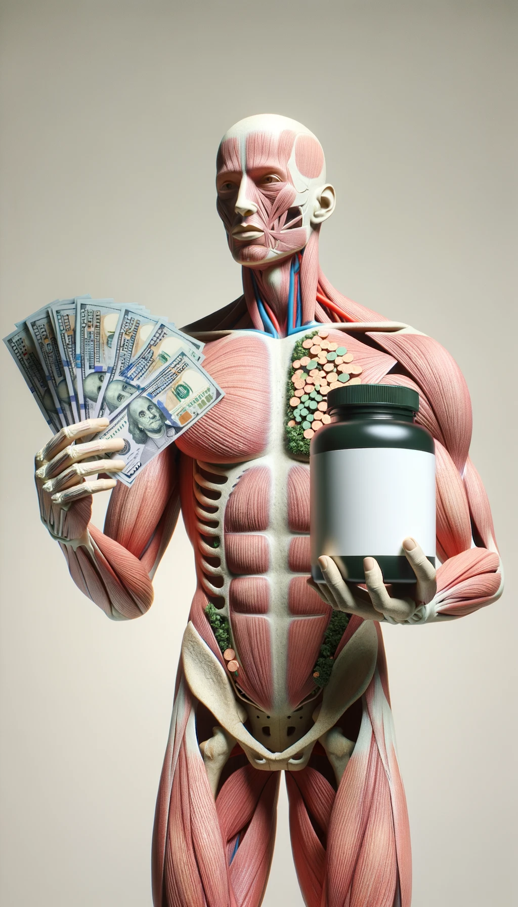 corpo umano anatomico che tiene nella mano destra una boccetta di integratore e nella mano sinistra delle banconote, sfondo neutro chiaro emoji
