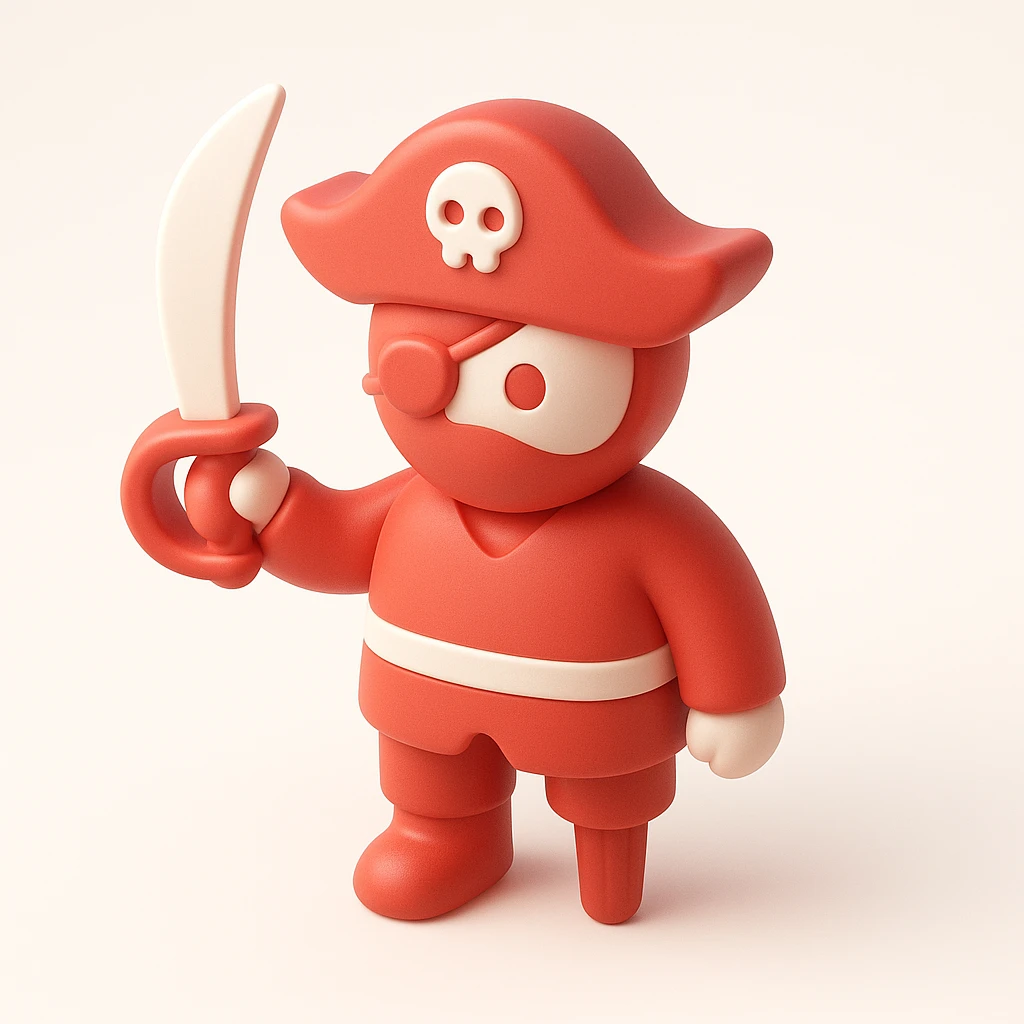 3D red style pirate with eye patch and parrot, wooden leg, waving sword emoji