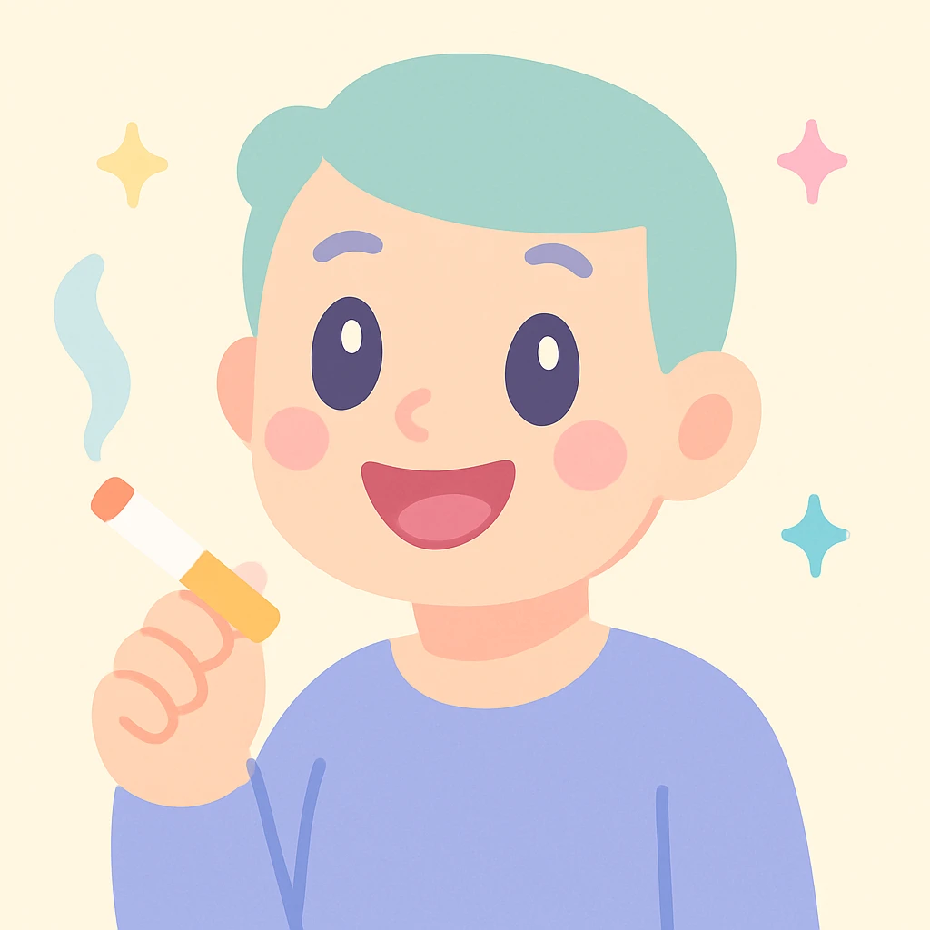 a man with a big smile, holding a cigarette, cute and cheerful style emoji