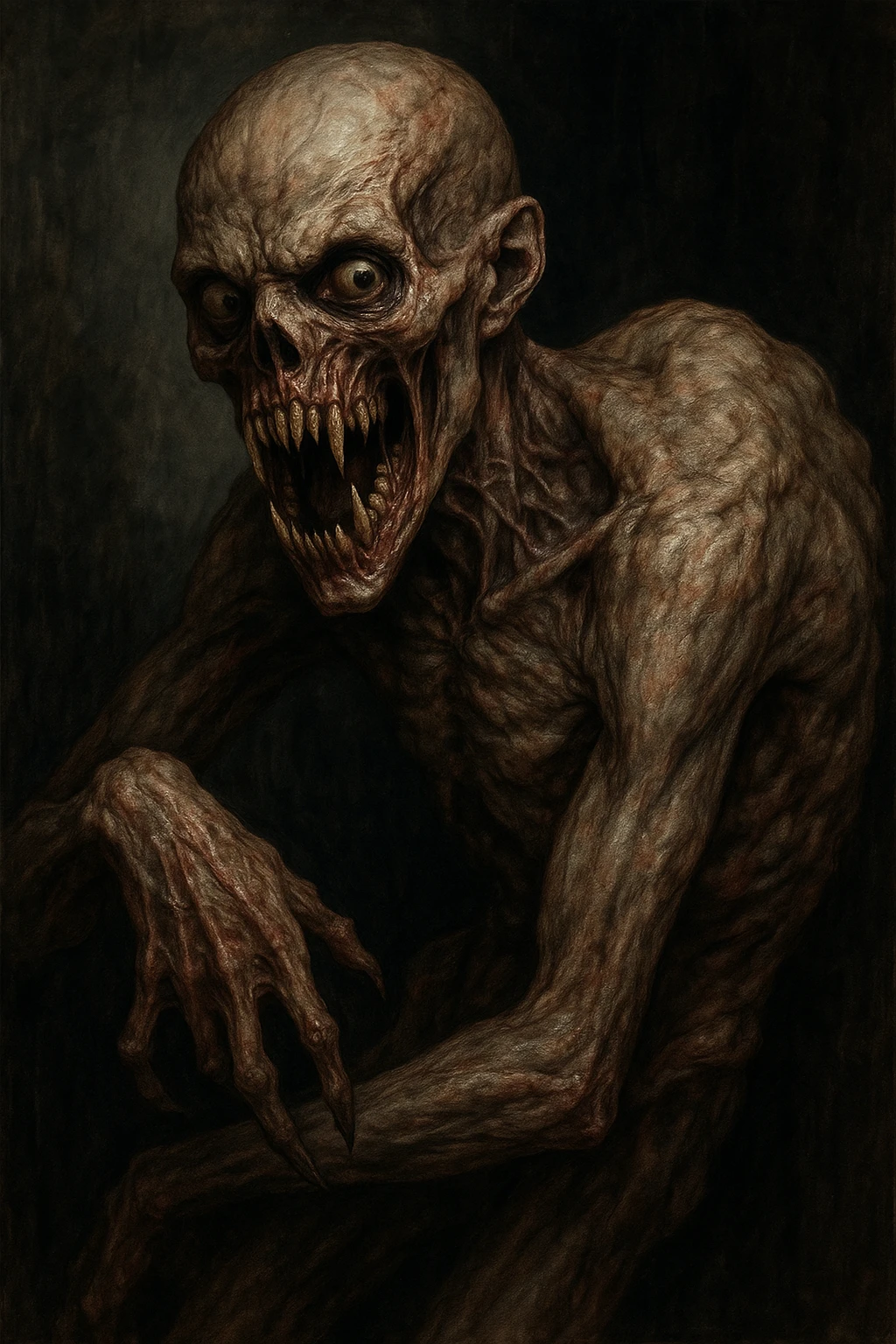 a terrifying monster, realistic, twisted body, exposed fangs, unsettling expression, horror realism emoji