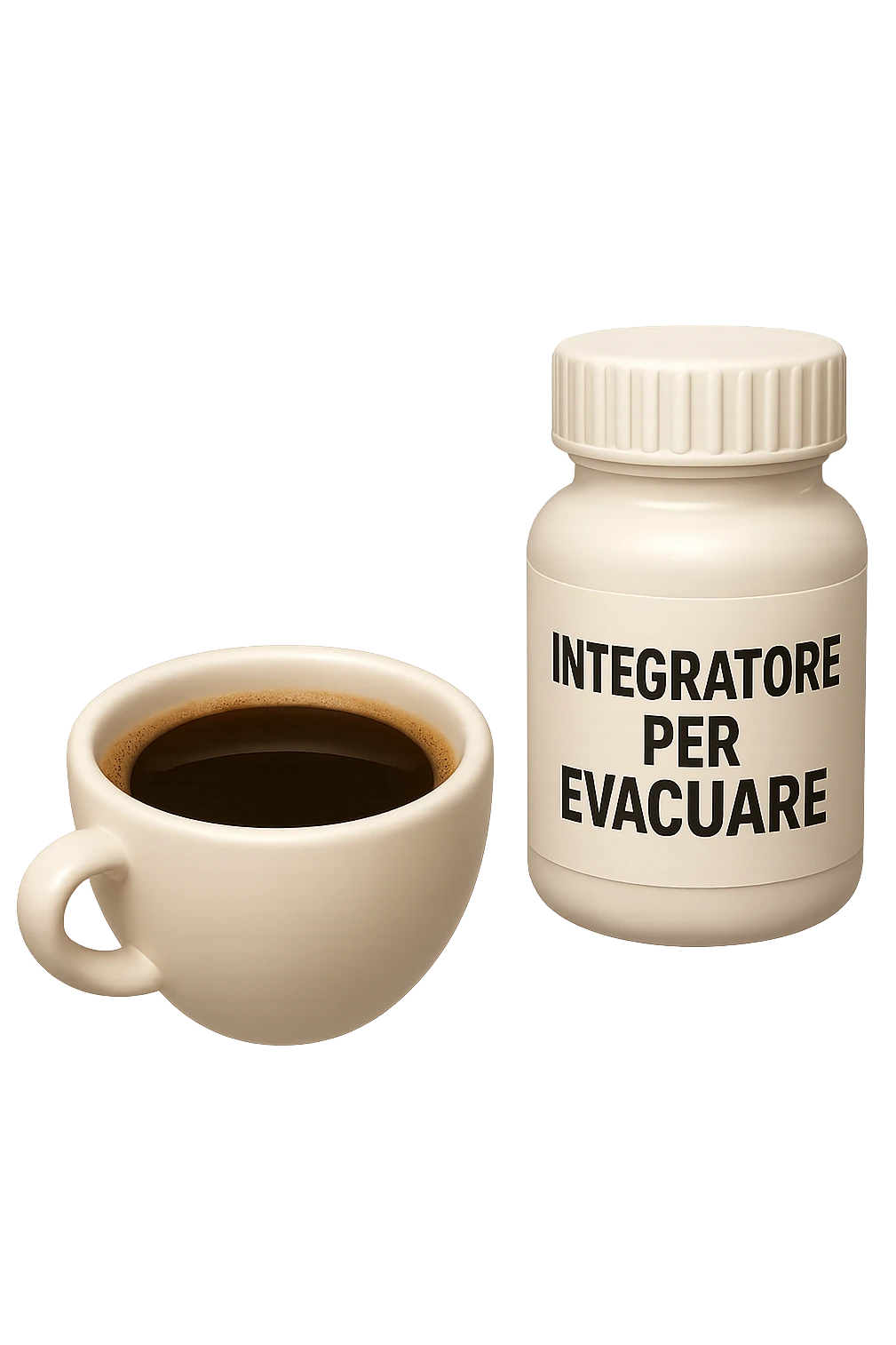 EMOJI STILE IPHONE 3D DI un caffè e di una boccetta di integratore con la scritta "INTEGRATORE PER EVACUARE" SULL'ETICHETTA CHE FLUTTUANO IN ARIA, iperrealistico 4k emoji