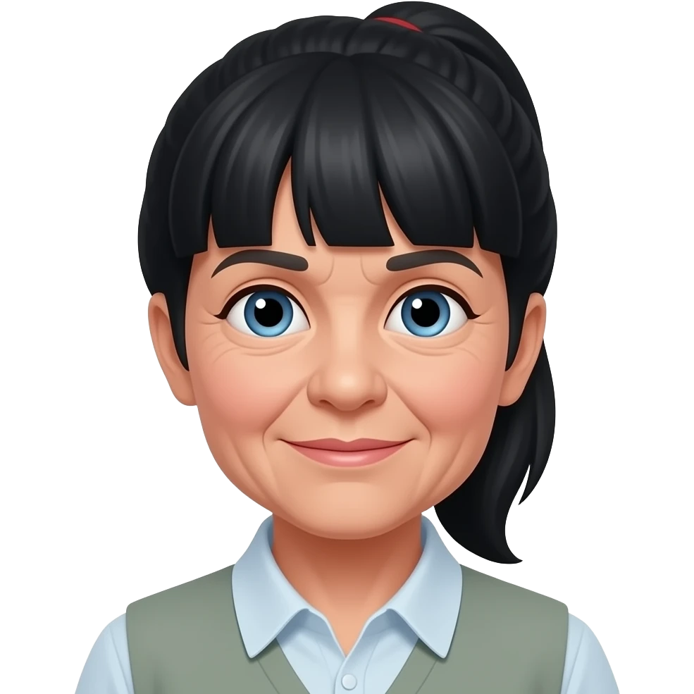 Blue eyes thick bangs ponytail black hair senior citizen 80yo emoji