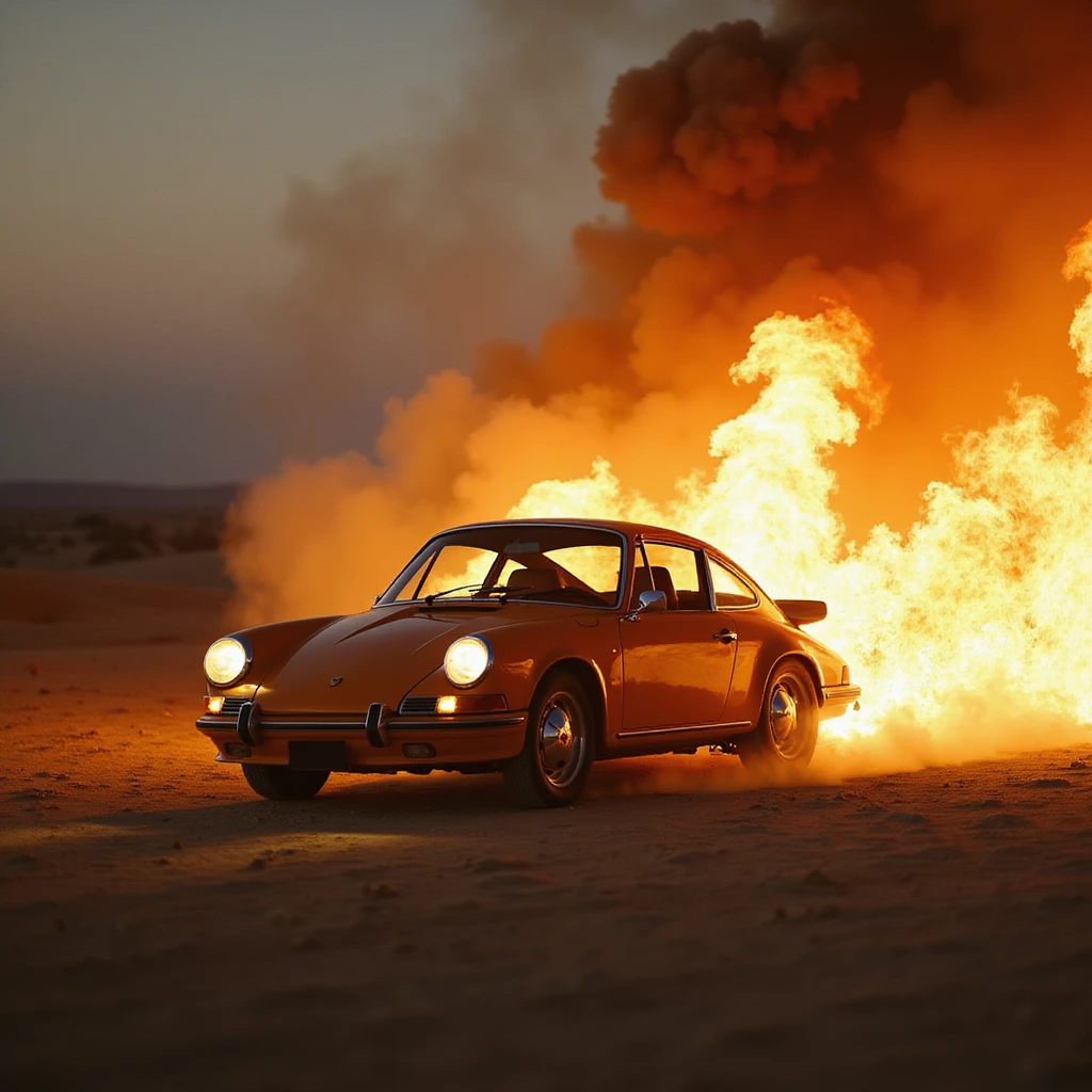 Cinematic shot, Porsche 911 in fire, desert emoji