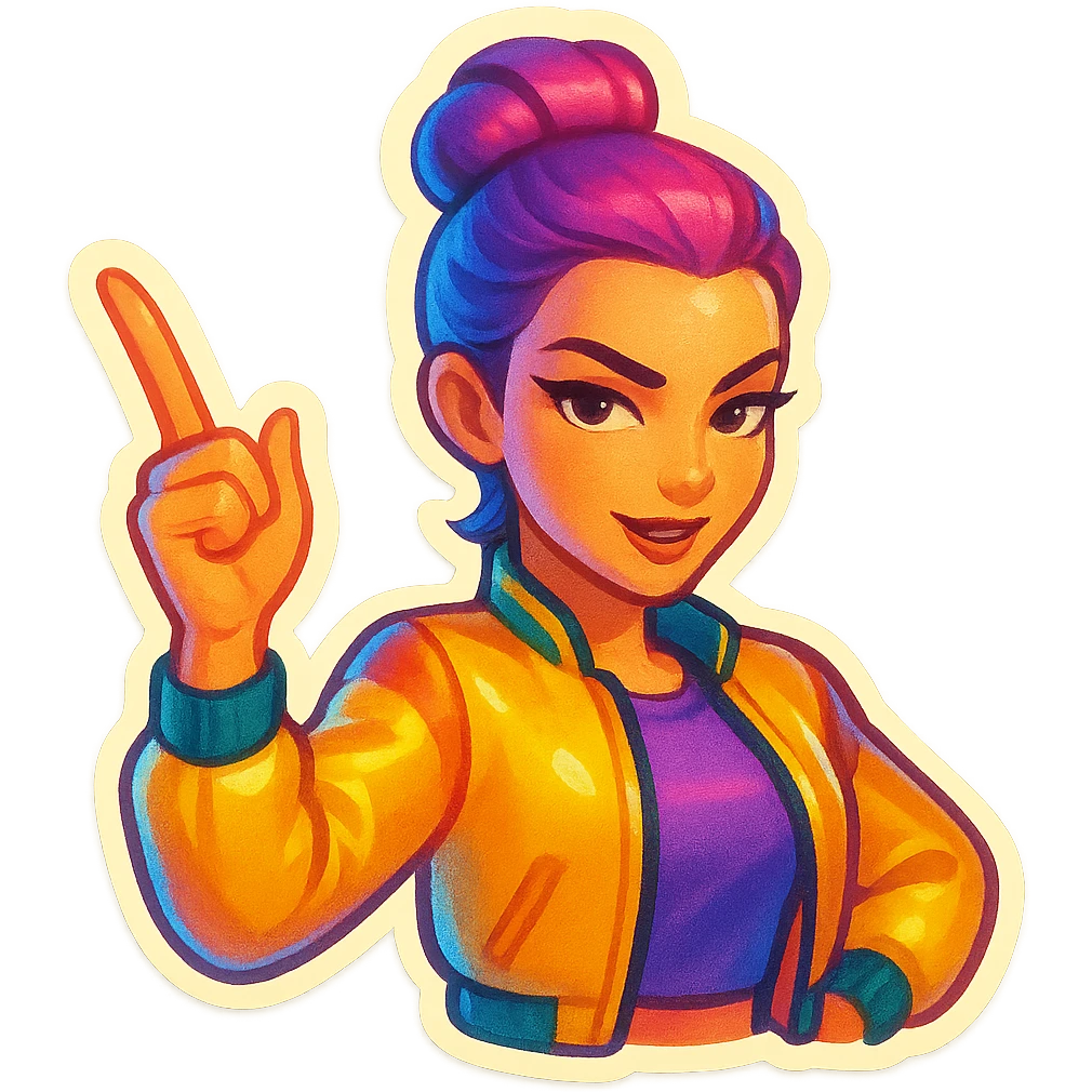 Turn the central character into a vibrant emoji, focusing on her confident pose and facial expression. Keep the style colorful and energetic, with a transparent background, in the retro stickers style. emoji