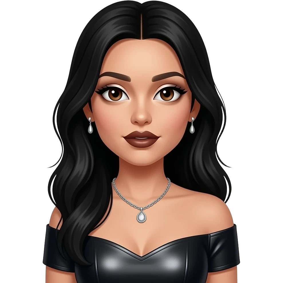 Natalie Nunn with dark brown eyes, long black hair, silver eyeshadow, dark brown lipstick, black metallic off shoulder dress, silver necklace and earrings emoji