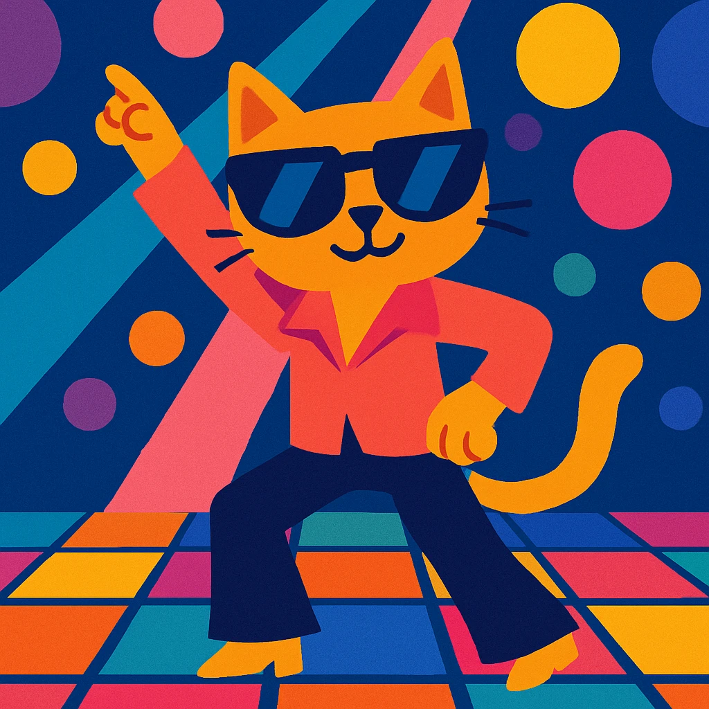 disco cat, wearing sunglasses, groovy pose, colorful lights emoji