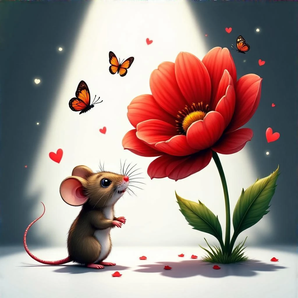 cute mouse sniffing a big red flower, butterflies and hearts flying around, white background, maximum volume, expressive light and shadow, inspired by reference emoji