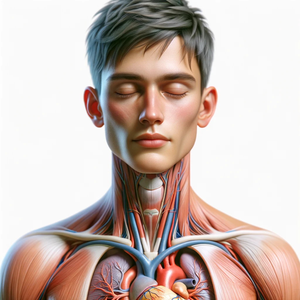corpo umano anatomico con capelli corti in perfetta salute con gli occhi chiusi ed espressione serena a figura intera fino alle ginocchia, cuore e organi in evidenza, iperrealistica 4k, isolato su sfondo bianco emoji