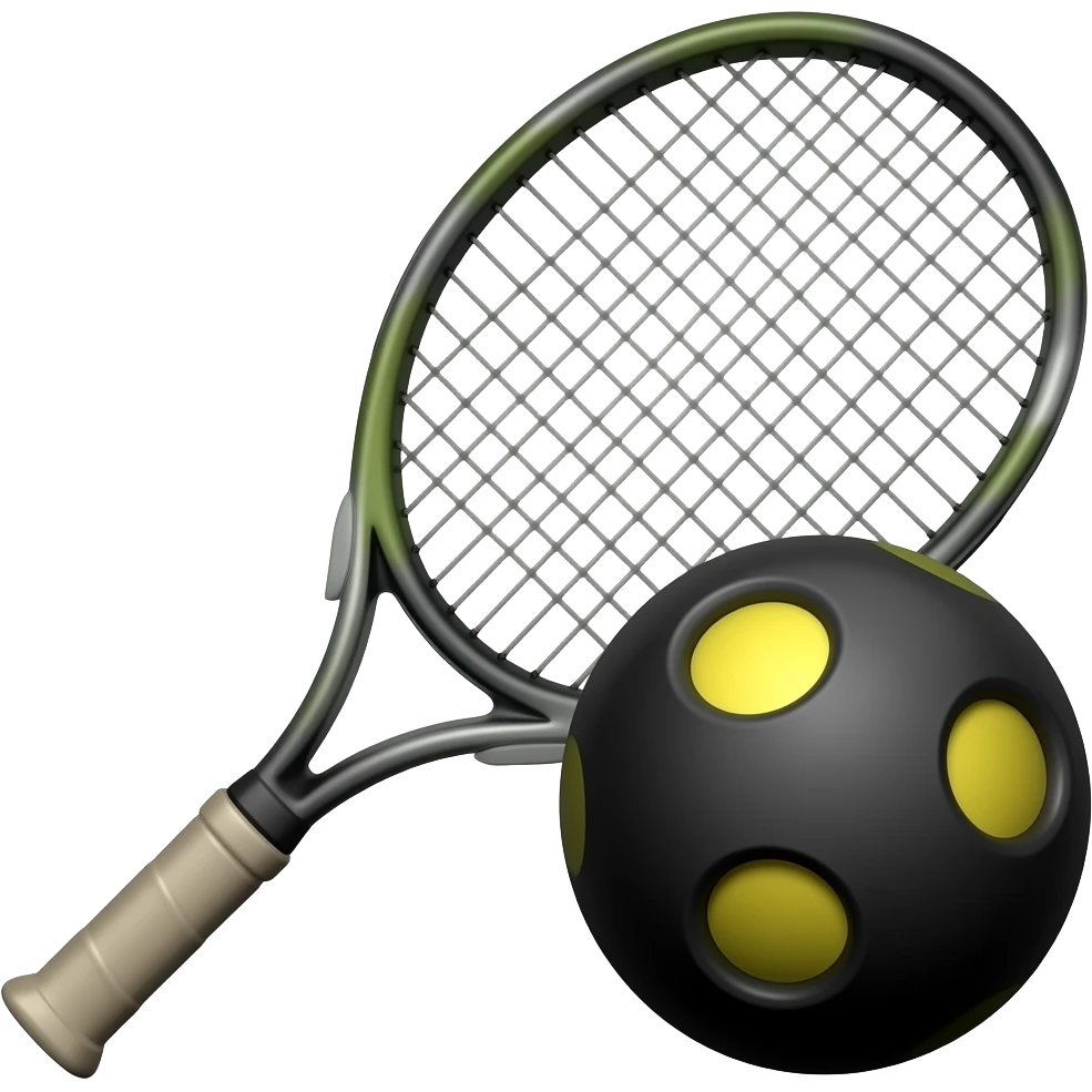 Think Squash racket with a black squash ball with two yellow dots emoji
