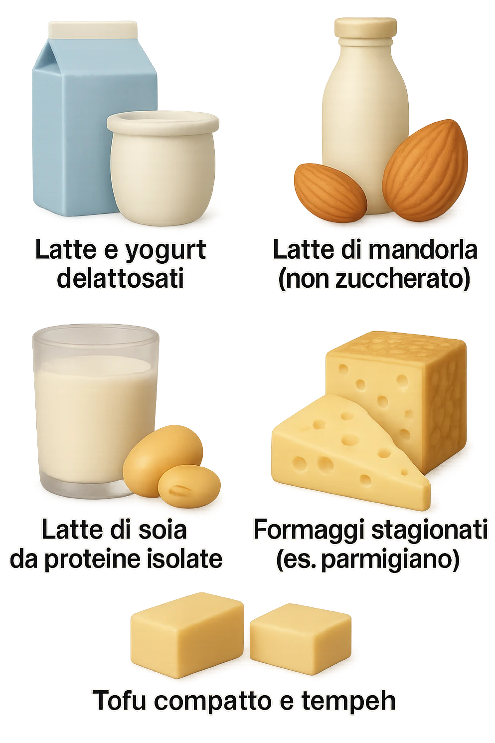emoji stile iphone 3d di questi elementi che fluttuano in aria:

Latte e yogurt delattosati
Latte di mandorla (non zuccherato)
Latte di soia da proteine isolate
Formaggi stagionati (es. parmigiano)
Tofu compatto e tempeh
 che fluttuano in aria,  le etichette scrivile in italiano, iperealistico 4k emoji