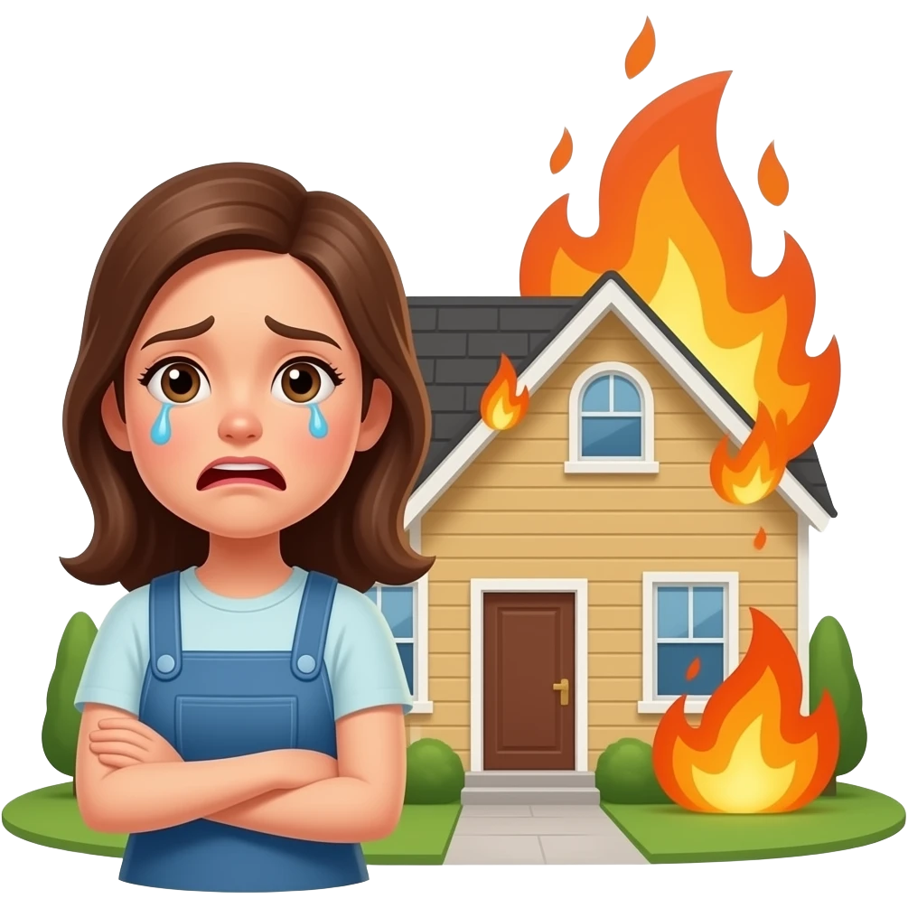 upset female homeowner standing outside home on fire emoji