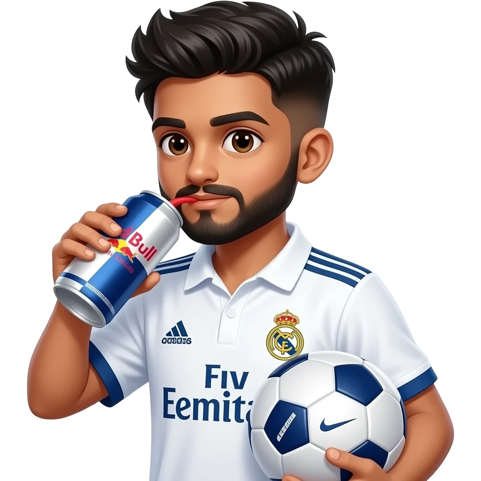 Boy with a European Nike soccer ball, in Real Madrid jersey Indian young boy with a lightly trimmed beard and side fade with messy spike hairstyle, drinking redbull watermelon flavor, hair and beard color is black emoji
