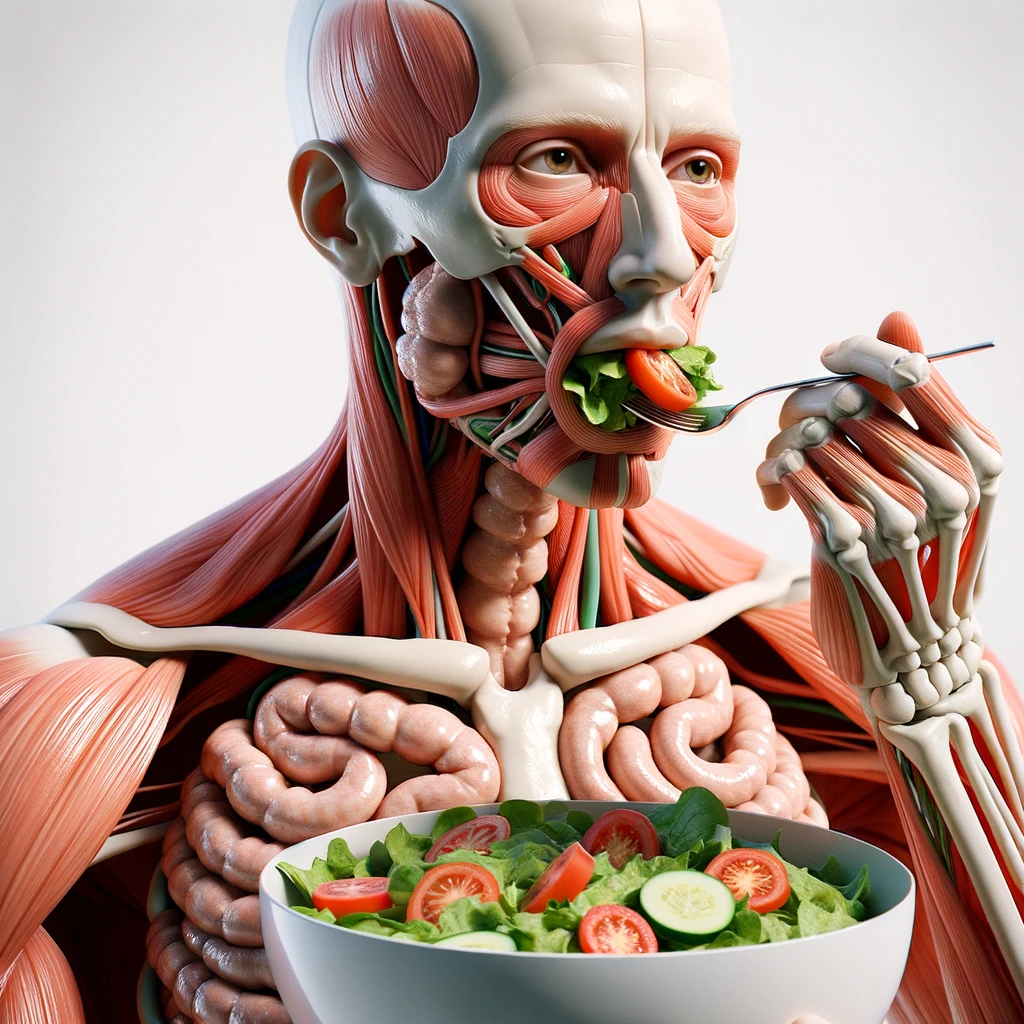 corpo umano anatomico con intestino in evidenza mentre mangia un'insalata con espressione neutra in volto, iperrealistico 4k, isolato su sfondo bianco emoji