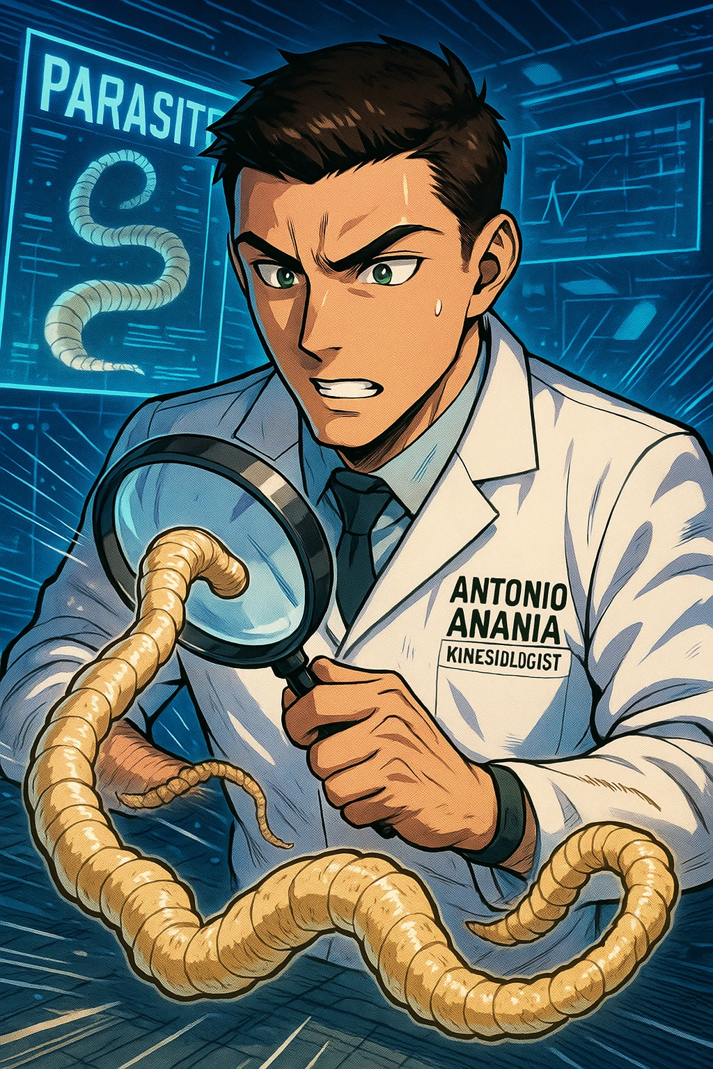 A dynamic manga/webtoon-style illustration of a young male kinesiologist wearing a clean white lab coat, analyzing light beige worms like a tapeworm under a magnifying glass. His expression is focused and slightly intrigued, with sharp, detailed eyes. The art style is vibrant, with bold linework, rich colors, and dramatic lighting. The background is a futuristic laboratory with glowing holographic screens displaying parasite data. The tapeworm is intricately drawn, slimy and segmented, with a slightly exaggerated yet realistic texture. The composition is dynamic, with motion lines or energy effects to emphasize his scientific investigation. The atmosphere is intense but not dark, keeping a balance between scientific seriousness and stylish manga aesthetics, he has "ANTONIO ANANIA" WRITTEN ON WHITE LAB COAT emoji